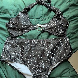 Black with White Star Print Halter Top Bikini High Waisted Bottoms